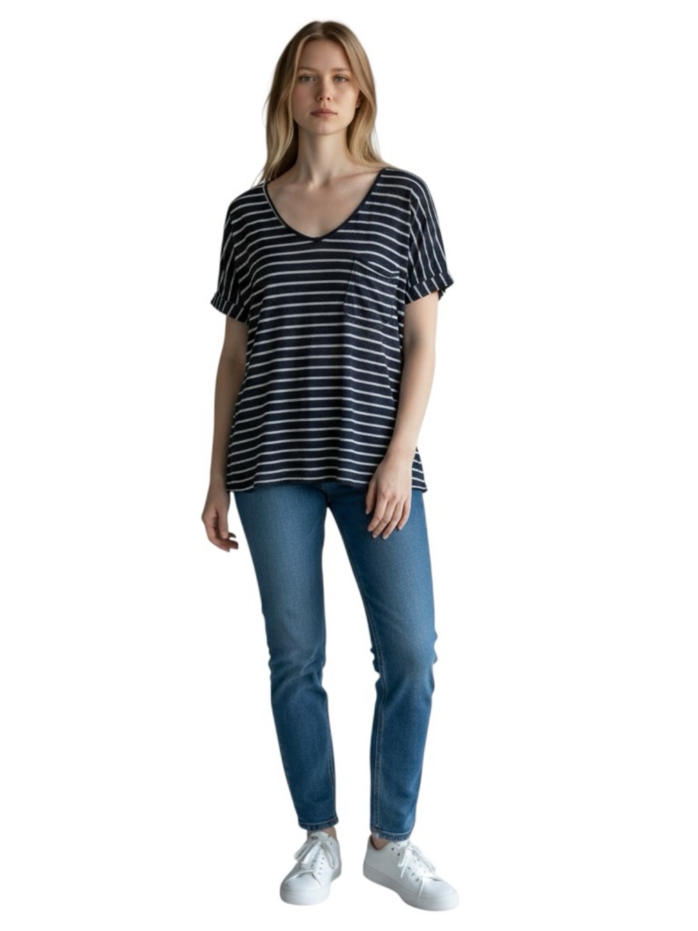 C&C California Navy & White Striped XS V-Neck Linen Tee